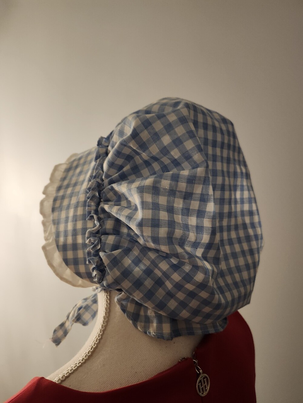 Vintage Blue Gingham Sun Bonnet for Kids - Tie-Back Cotton Hat - Picture 3 of 5